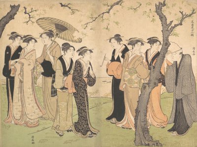 Groep van Zes Geisha Onder de Kersenbomen op Gotenyama, ca. 1785 door Torii Kiyonaga