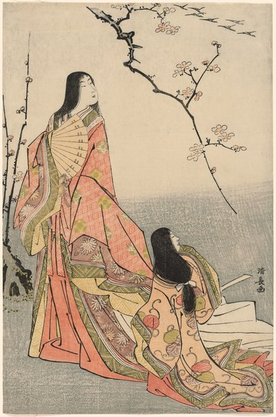 Ise kijkt naar een groep ganzen, uit een ongetitelde serie van hofdames door Torii Kiyonaga