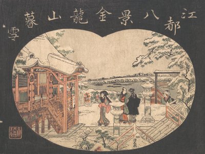 Sneeuwscène met figuren buiten een tempel. door Torii Kiyonaga