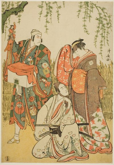 De acteurs Ichikawa Yaozo III als Shiragiku, Ichikawa Danjuro V als de poppenspeler Dekurokubei, en Sawamura Sojuro III als Soga no Juro, in de joruri "Shinobukoi Yanagi no Katsura Otoko," uitgevoerd in het Nakamura Theater in de eerste maand, 1785 door Torii Kiyonaga