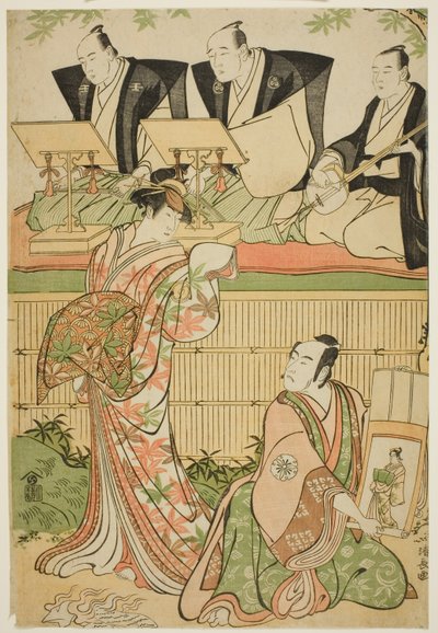 De Acteurs Matsumoto Koshiro IV als Ukita Sakingo en Sawamura Sojuro III als de geest van de courtisane Takao, in het stuk "Ominaeshi Sugata no Hatsuaki," opgevoerd in het Nakamura Theater, 1788 door Torii Kiyonaga