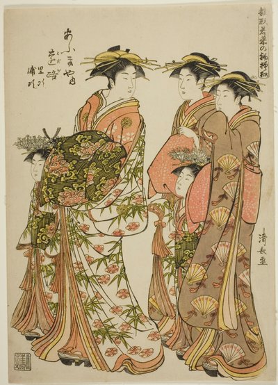 De Courtisane Toji van de Ogiya met Haar Begeleiders Satoji en Uraji, uit de serie "Modellen voor Mode: Nieuwe Ontwerpen zo Fris als Jonge Bladeren" door Torii Kiyonaga
