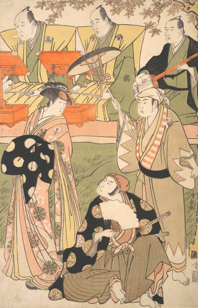 Theaterscène, met Muzikanten door Torii Kiyonaga