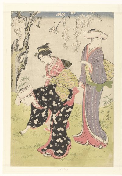 Twee vrouwen en een meisje onder een bloesemende kersenboom (Brokaten met gewoonten en gebruiken in het Oosten) door Torii Kiyonaga