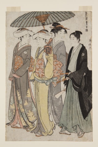 Twee Dochters van een Bannerman met een Dienstmeisje en een Jonge Man door Torii Kiyonaga