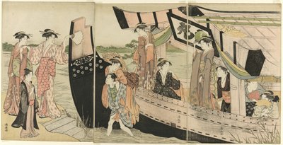 Vrouwen die aan Land Komen van een Pleziervaartuig op de Sumida Rivier door Torii Kiyonaga