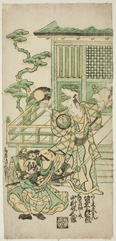 De acteurs Bando Hikosaburo I als Araki Shozaemon en Nakamura Sukegoro I als Daidoji Tahatanosuke in het stuk "Chigozakura Futabajikki," opgevoerd in het Ichimura Theater in de tiende maand, 1746 door Torii Kiyonobu II