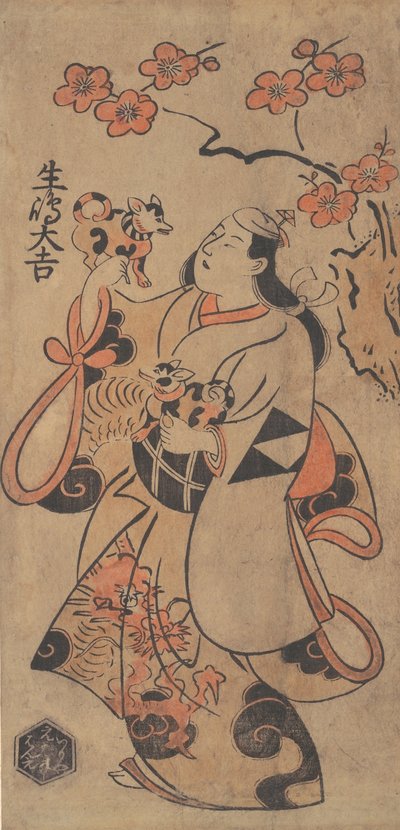 De acteur Ikushima Daikichi als een vrouw onder een ume-boom, ca. 1705 door Torii Kiyonobu I