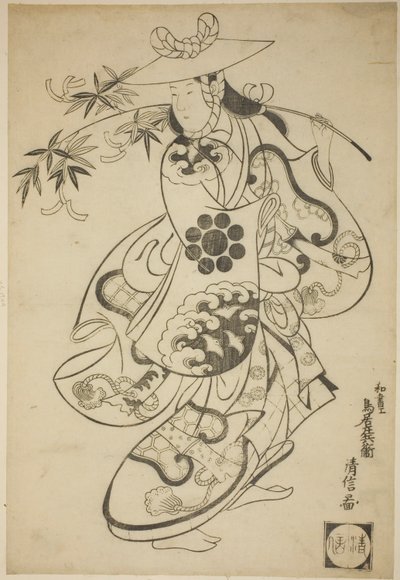 De acteur Sawamura Kodenji I als Tsuyu no Mae in het stuk "Kanto Koroku," opgevoerd in het Nakamura Theater in de derde maand, 1698 (?) door Torii Kiyonobu I