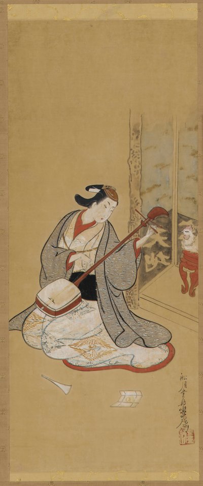 Een Acteur in Vrouwelijke Kleding die een Samisen Bespeelt door Toriyama Sekien