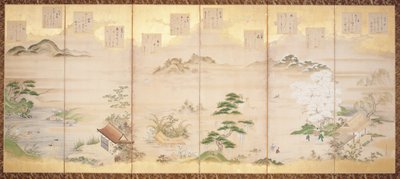 Zesdelig scherm met vogels en bloemen van de twaalf maanden door Tosa Mitsunari