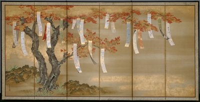 Herfstesdoorns met gedichtstroken door Tosa Mitsuoki