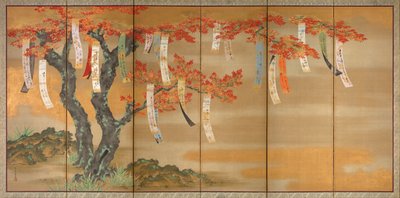 Bloeiende Kers en Herfst Esdoorns met Gedichtstroken door Tosa Mitsuoki