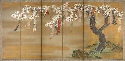 Bloeiende kers en herfst esdoorns met gedicht slips, 1654-81 door Tosa Mitsuoki