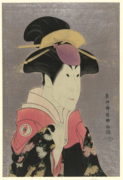 Segawa Tomisabur, een acteur, portret van hoofd en schouders, naar rechts gericht, in de rol van Yadorigi, de vrouw van Ogishi Kurando door Toshusai Sharaku
