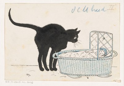 Kat kijkt in een poppenmand door Totie (signed by artist)