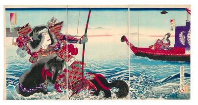 Acteurs Ichikawa Danjuro IX als Nasu no Yoichi Munetaka en Nakamura Fukusuke IV als Tamamushi Gozen door Toyohara Kunichika
