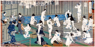 Badhuisscène, een prent van Toyohara Kunichika, 19e eeuw door Toyohara Kunichika