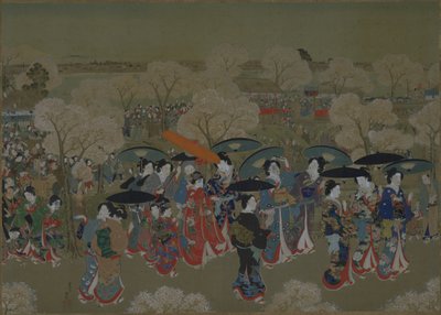 Schoonheden bekijken kersenbloesems aan de Sumida-rivier door Toyohara Kunichika