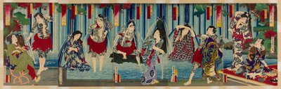 Kabuki-sterren voor een gracieuze waterval (Arigataki megumi no hanagata) door Toyohara Kunichika