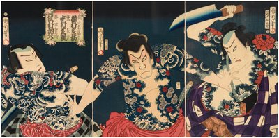 De kabuki-acteurs (van rechts naar links) Ichimura Kakitsu IV als Asahina Tobei, Nakamura Shikan IV als Washi no Chokichi en Sawamura Tosshi II als Yume no Ichirobei, IV/1868 door Toyohara Kunichika