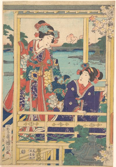 Twee schoonheden in Spring Garden met een vijver door Toyohara Kunichika
