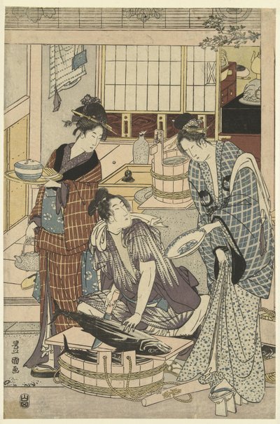 Visverkoper door Toyokuni (II) , Utagawa