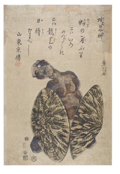 Imitatie van een arkschelp - Man geflankeerd door twee hoeden door Toyokuni Utagawa