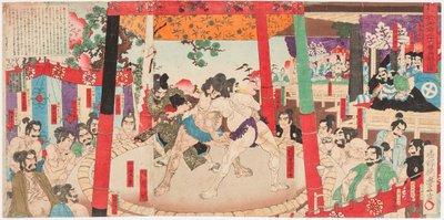 Sumo-gevecht voor Toyotomi Hideyoshi (1537-1598) en Kato Kiyomasa (1562-1611). Prent door Utagawa Toyonobu (1859-1886) door Toyonobu Utagawa