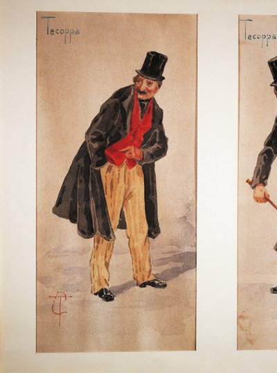Karakter van Tecoppa gecreëerd door Milanese acteur Edoardo Ferravilla in 1874, aquarel door Tranquillo Cremona