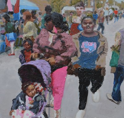 Gezinswinkelen (Deptford, Londen), 2018 (olieverf op board) door Trevor Burgess