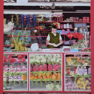 Bloemenkraam (Bogotá, Colombia), 2016 (olieverf op board) door Trevor Burgess