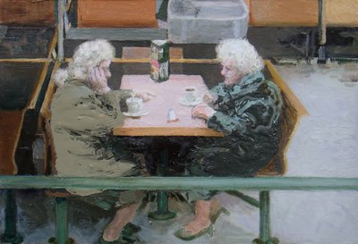 Over een kopje thee, 2010 (olieverf op board) door Trevor Burgess