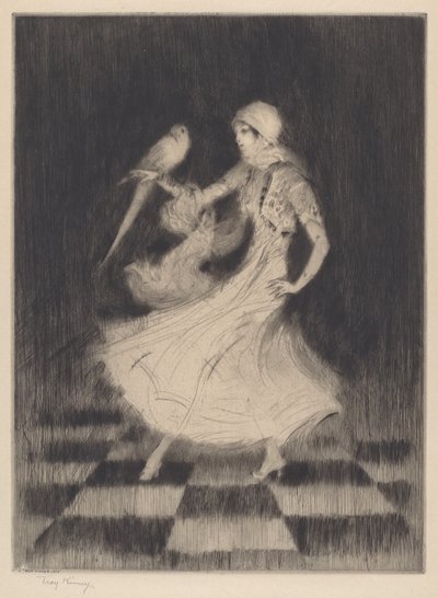 Vrouw die danst met een papegaai door Troy Kinney