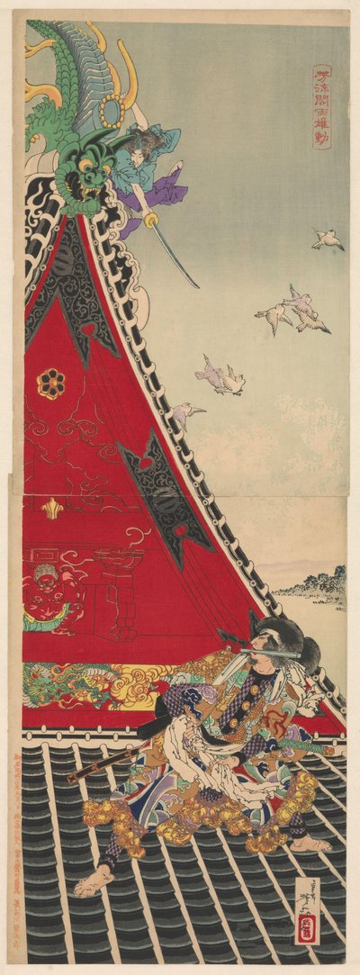 Gevecht op het dak tussen de twee rivalen Genpachi en Shino door Tsukioka Yoshitoshi