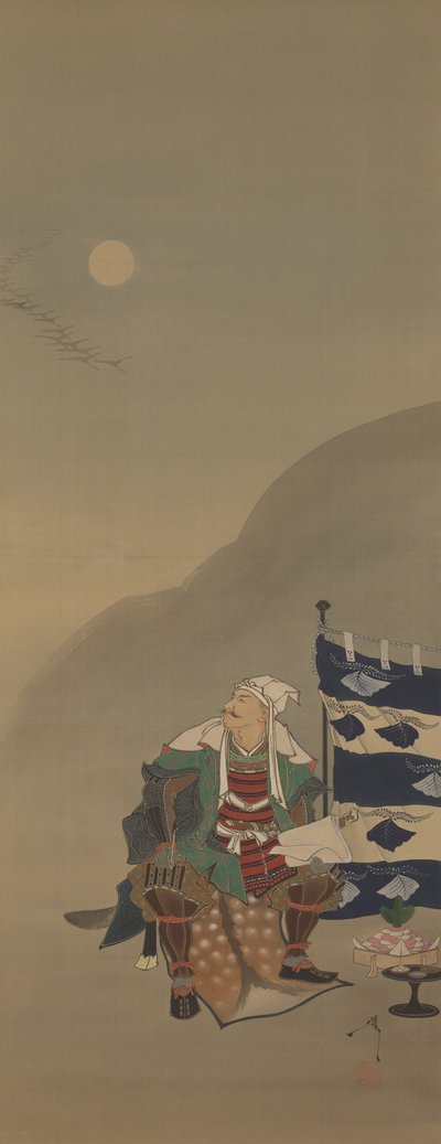 Frost vult de lucht en de herfstlucht is stil/lijnen van terugkerende ganzen kruisen de maan in het derde uur-Kenshin, uit de serie Twaalf Aspecten van de Maan door Tsukioka Yoshitoshi