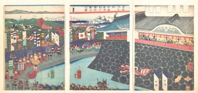 Hideyoshi en zijn troepen verlaten het kamp van Nagoya (Mashiba Hideyoshi kō nagoya jin saki te no shoshō kuridashi no zu) door Tsukioka Yoshitoshi