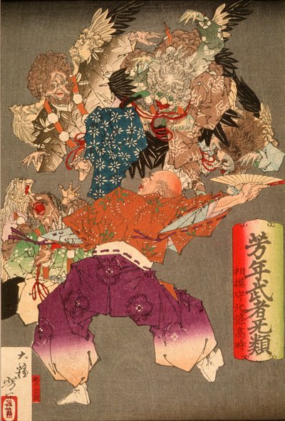 Hōjō Takatoki, heer van Sagami, die met zijn waaier een tengu afweert door Tsukioka Yoshitoshi