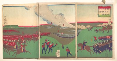 Illustration von Kavallerie, Infanterie und Soldaten im Rückzug door Tsukioka Yoshitoshi