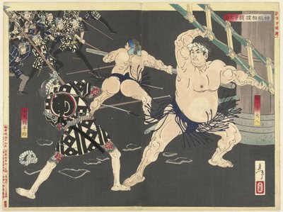 Vechtpartij tussen brandweermannen en sumo worstelaars bij de Shinmei tempel door Tsukioka Yoshitoshi
