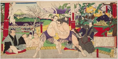 Gevecht van de sumoworstelaars Koyonagi Tsunekichi en Arauma Daigoro door Tsukioka Yoshitoshi