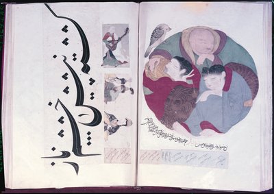Mensen die slapen en kalligrafie, uit een album met miniaturen, 13e-15e eeuw door Turkish School