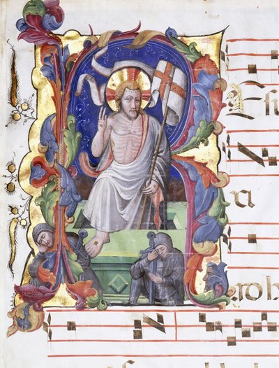 Zeer grote gehistorieerde letter "A", die de Opstanding toont, c.1400-1450 door Tuscan School