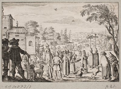 Mensen verzameld rond een Russische houten kerk door Ubekendt
