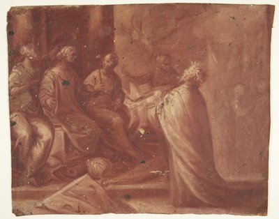Jezus overhandigt een mijter aan een vrouw op een troon omringd door twee vrouwen (allegorie) door Ubekendt