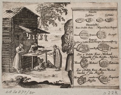 Overzicht van Russische munten. Op de achtergrond een Russische schoenmaker door Ubekendt