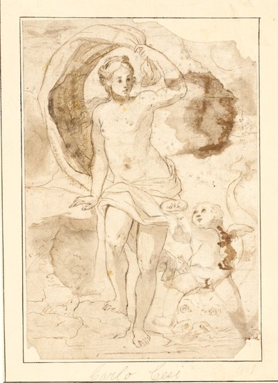 Venus aangeboden parels in een schelp door Cupido rijdend op een dolfijn door Ubekendt