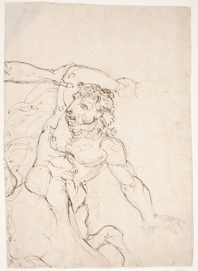 Minotaurus, vechtend met Theseus, waarvan de linker onderarm te zien is door Ubekendt Gb9246