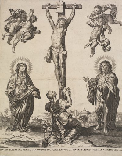Christus aan het kruis, met de Maagd, Maria Magdalena en St. Johannes en vier engelen door Ubekendt KKSgb5444