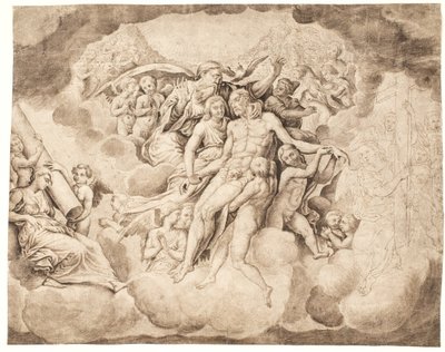 God de Vader en de hemelse heerscharen treuren over het lichaam van Christus door Ubekendt Ubekendt
